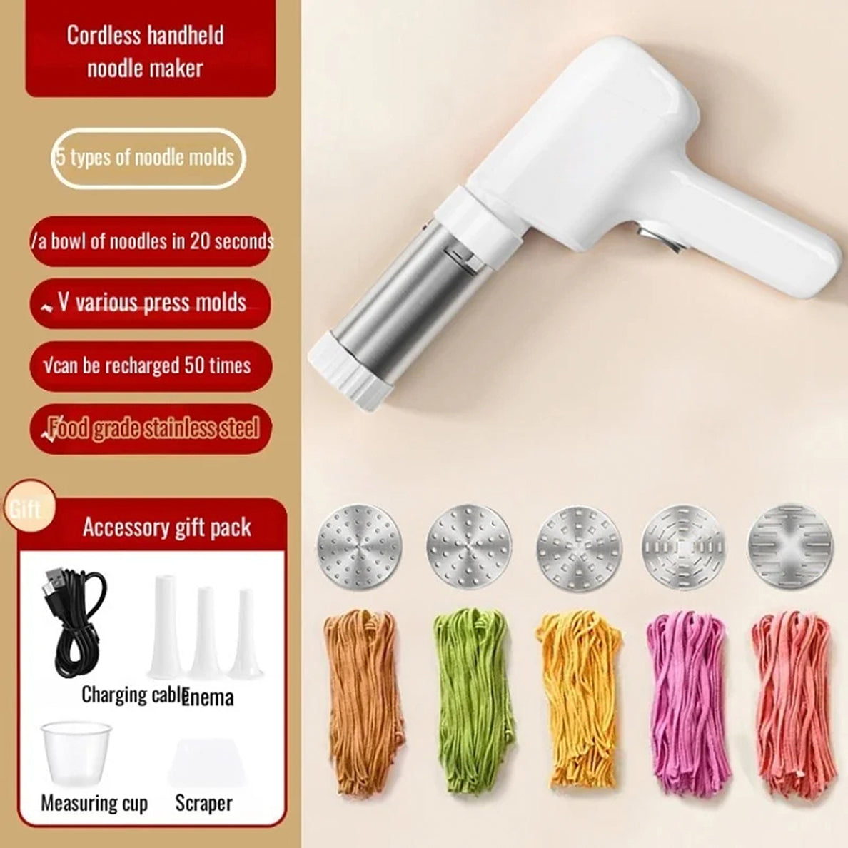 NoodiMeal Cordless Electric Handheld Noodle Maker