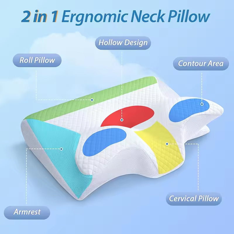 Omxlura Orthopedic Pillow for Neck Pain 5-Zone Memory Foam Contour with Arm Support