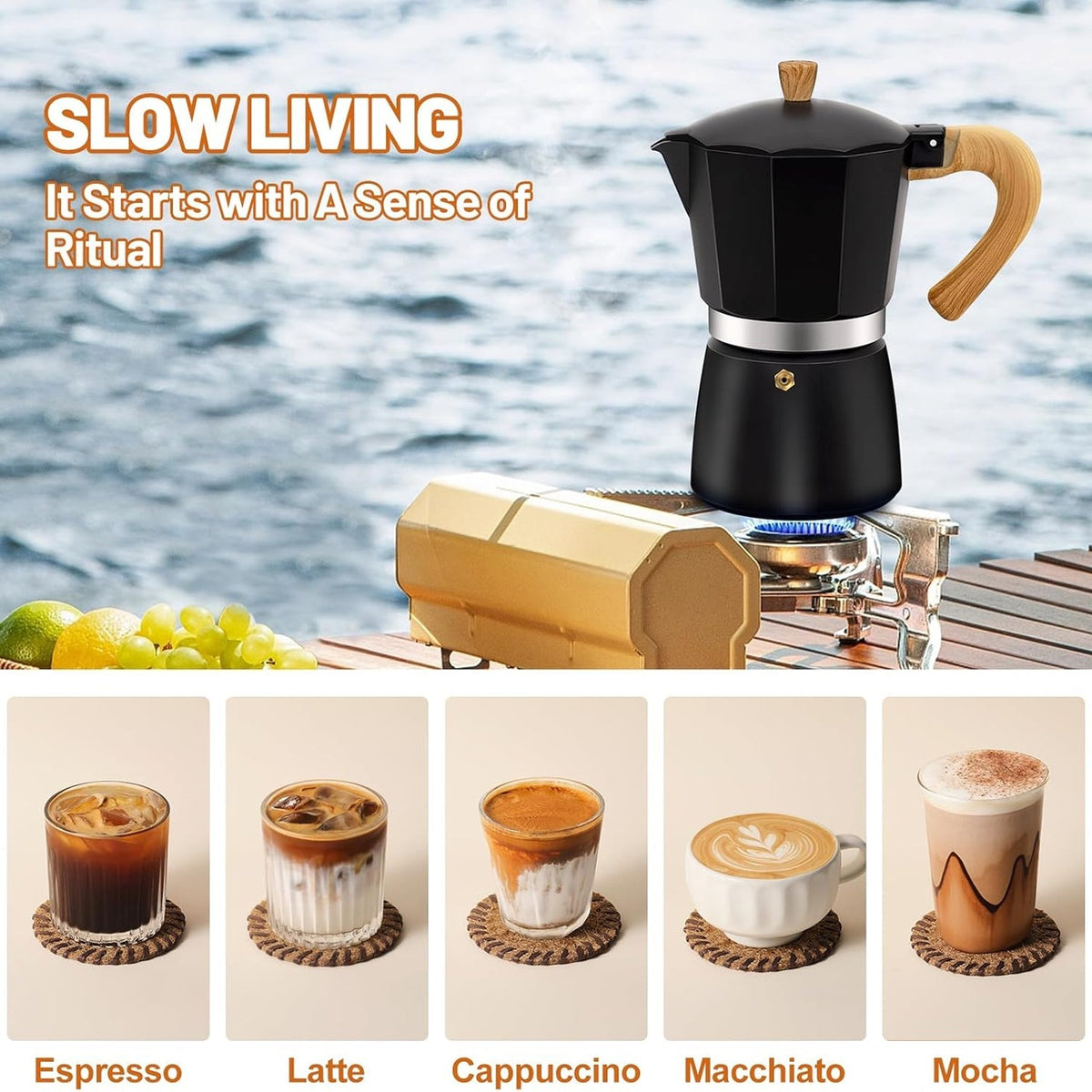RostCafi Percolator Coffee Maker with Vintage Wooden Handle
