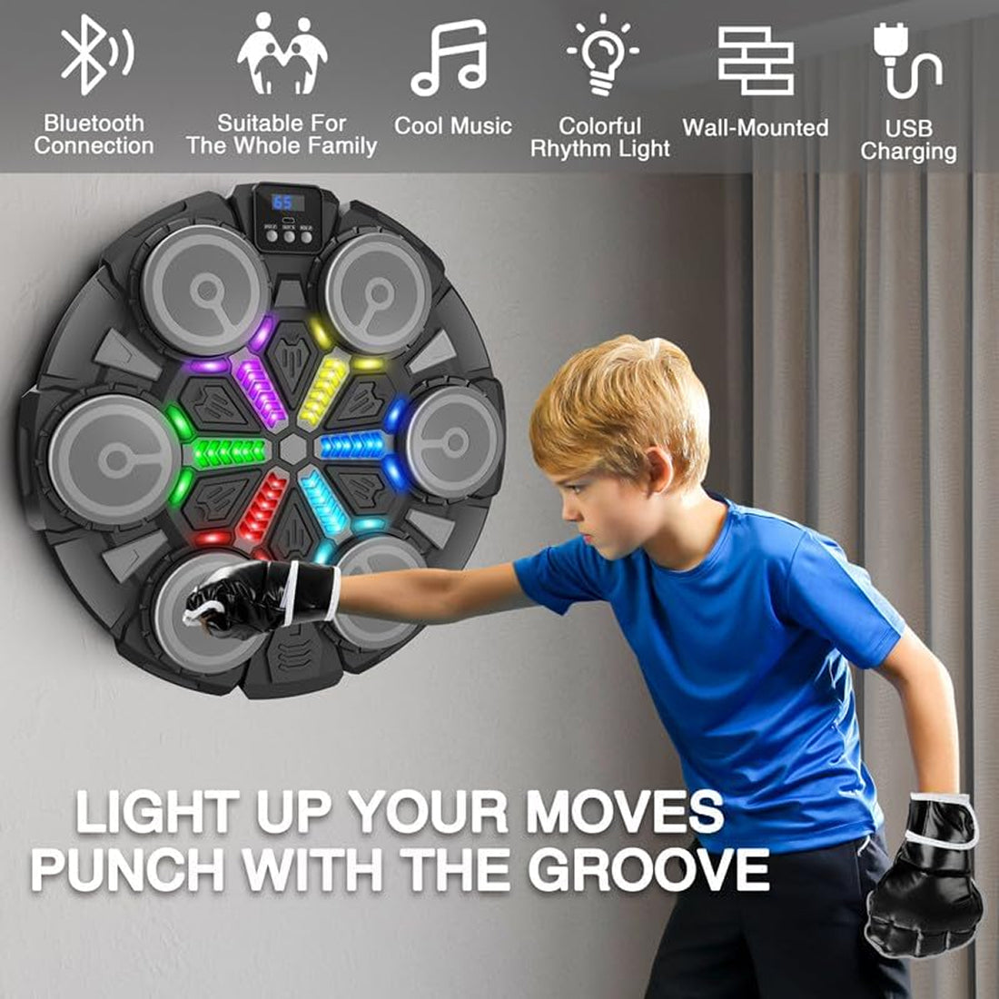 RythBoxi Smart Music Boxing Machine with RGB Rhythm Lights, Bluetooth Speakers, 3 Speed Modes and Wall-Mount Design