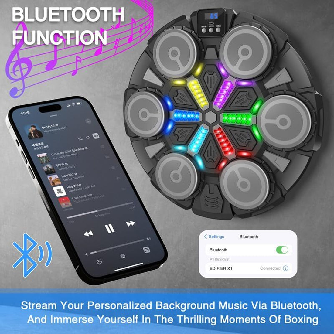 RythBoxi Smart Music Boxing Machine with RGB Rhythm Lights, Bluetooth Speakers, 3 Speed Modes and Wall-Mount Design