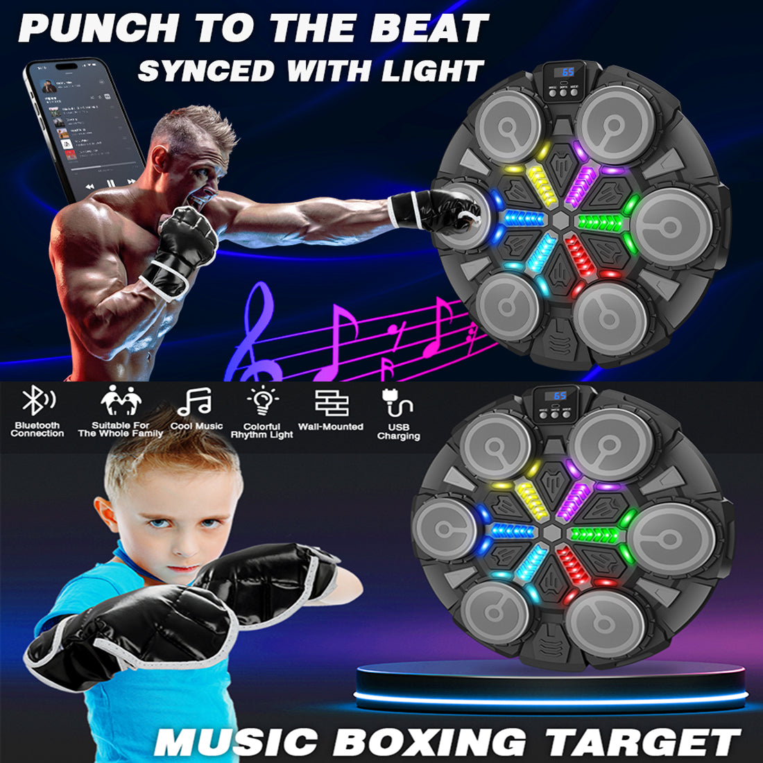 RythBoxi Smart Music Boxing Machine with RGB Rhythm Lights, Bluetooth Speakers, 3 Speed Modes and Wall-Mount Design