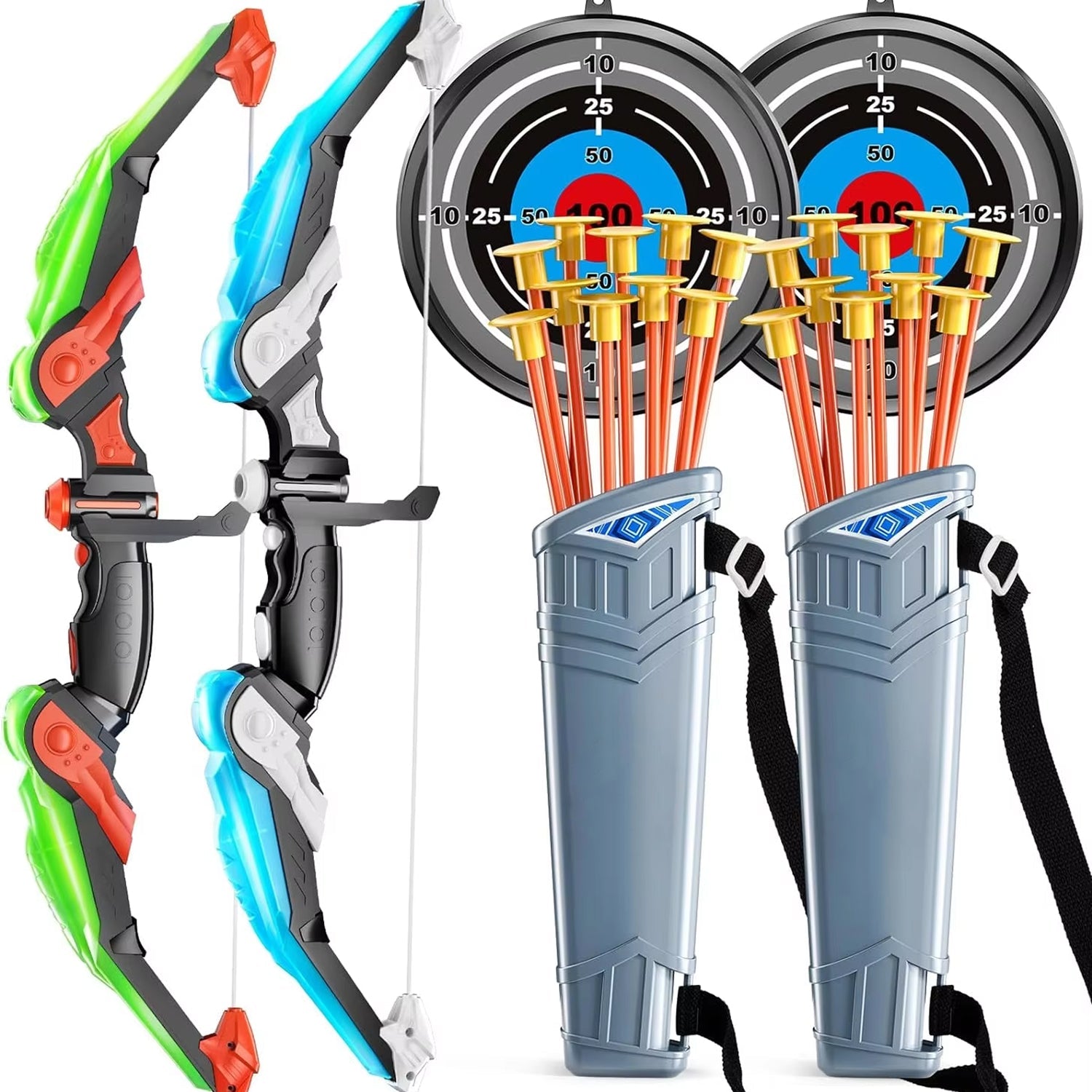 ShotExci LED Light-Up Kids Archery Set with 10 Suction Cup Arrows, Professional Scoring Target, Quiver and Target Cans
