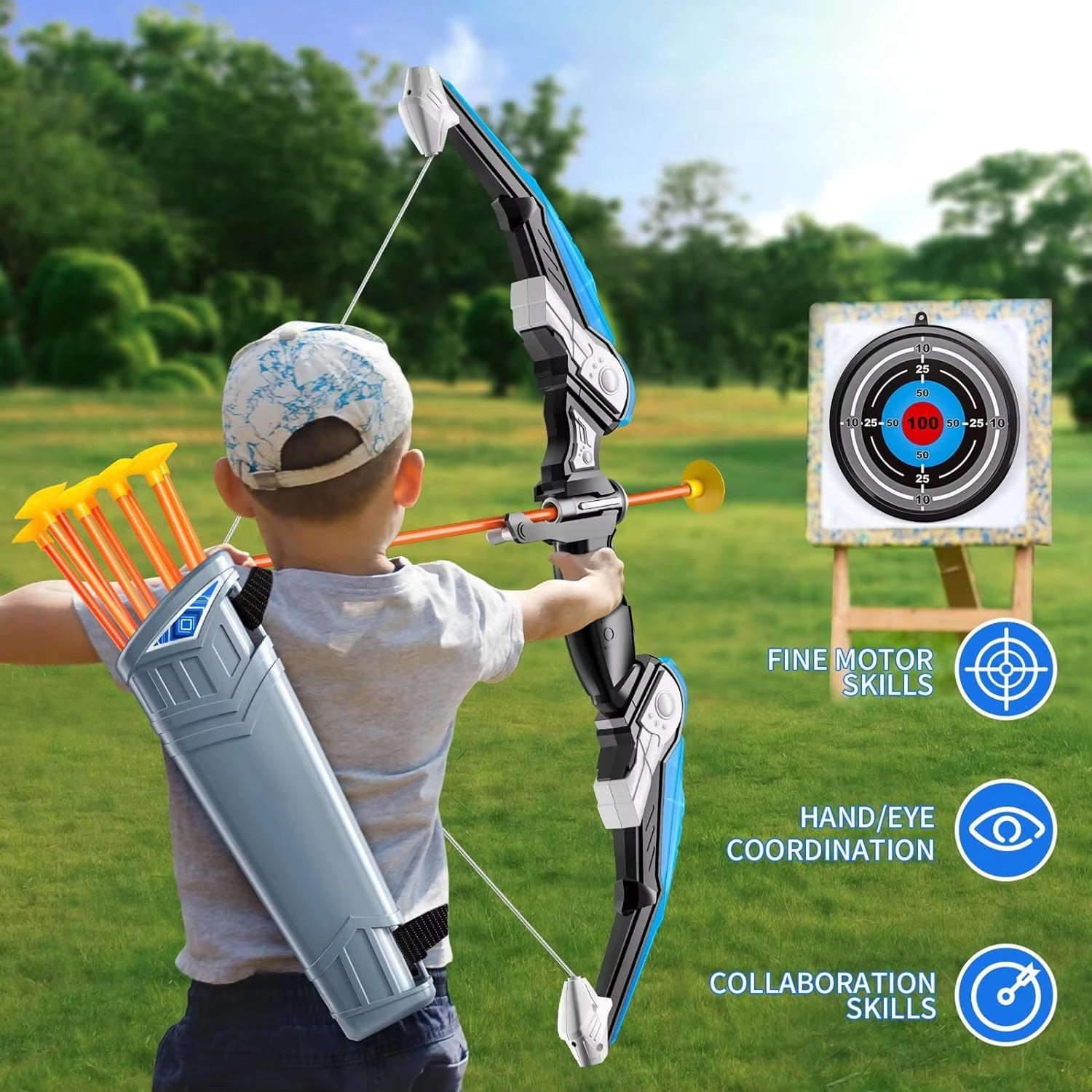 ShotExci LED Light-Up Kids Archery Set with 10 Suction Cup Arrows, Professional Scoring Target, Quiver and Target Cans