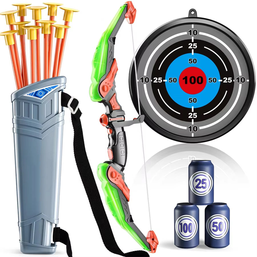 ShotExci LED Light-Up Kids Archery Set with 10 Suction Cup Arrows, Professional Scoring Target, Quiver and Target Cans