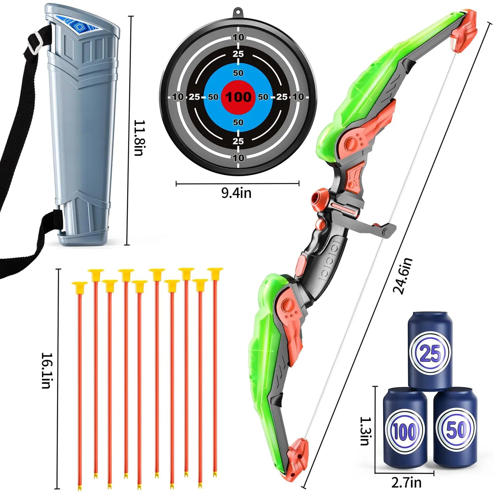ShotExci LED Light-Up Kids Archery Set with 10 Suction Cup Arrows, Professional Scoring Target, Quiver and Target Cans