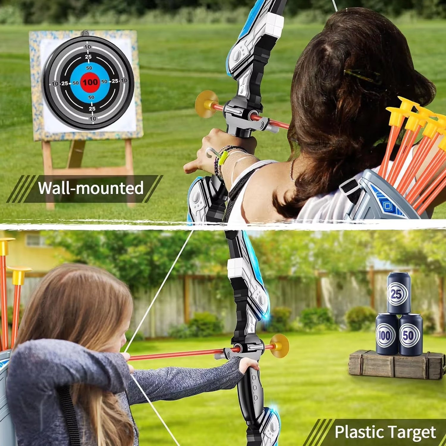 ShotExci LED Light-Up Kids Archery Set with 10 Suction Cup Arrows, Professional Scoring Target, Quiver and Target Cans