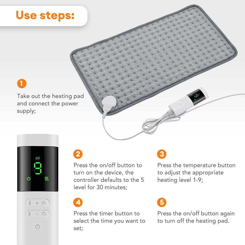 ThermeCim Electric Heating Pad 60x30cm with 9 Temperature Levels, Ultra-Soft Crystal Velvet and 4-Timer Safety Control