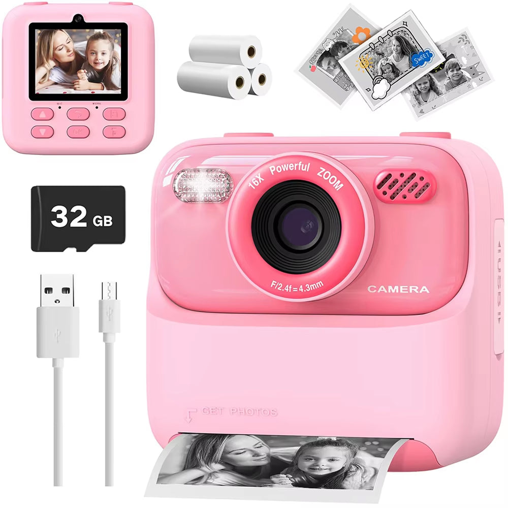 TinyFizo Kids Instant Print Camera Zero-Ink Thermal Dual Selfie Cam with 32GB Card