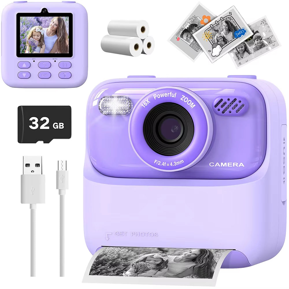 TinyFizo Kids Instant Print Camera Zero-Ink Thermal Dual Selfie Cam with 32GB Card