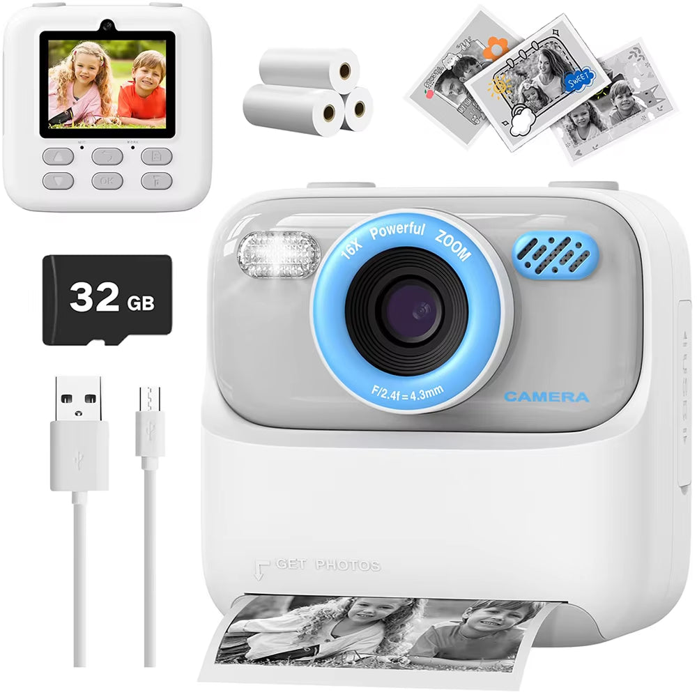 TinyFizo Kids Instant Print Camera Zero-Ink Thermal Dual Selfie Cam with 32GB Card
