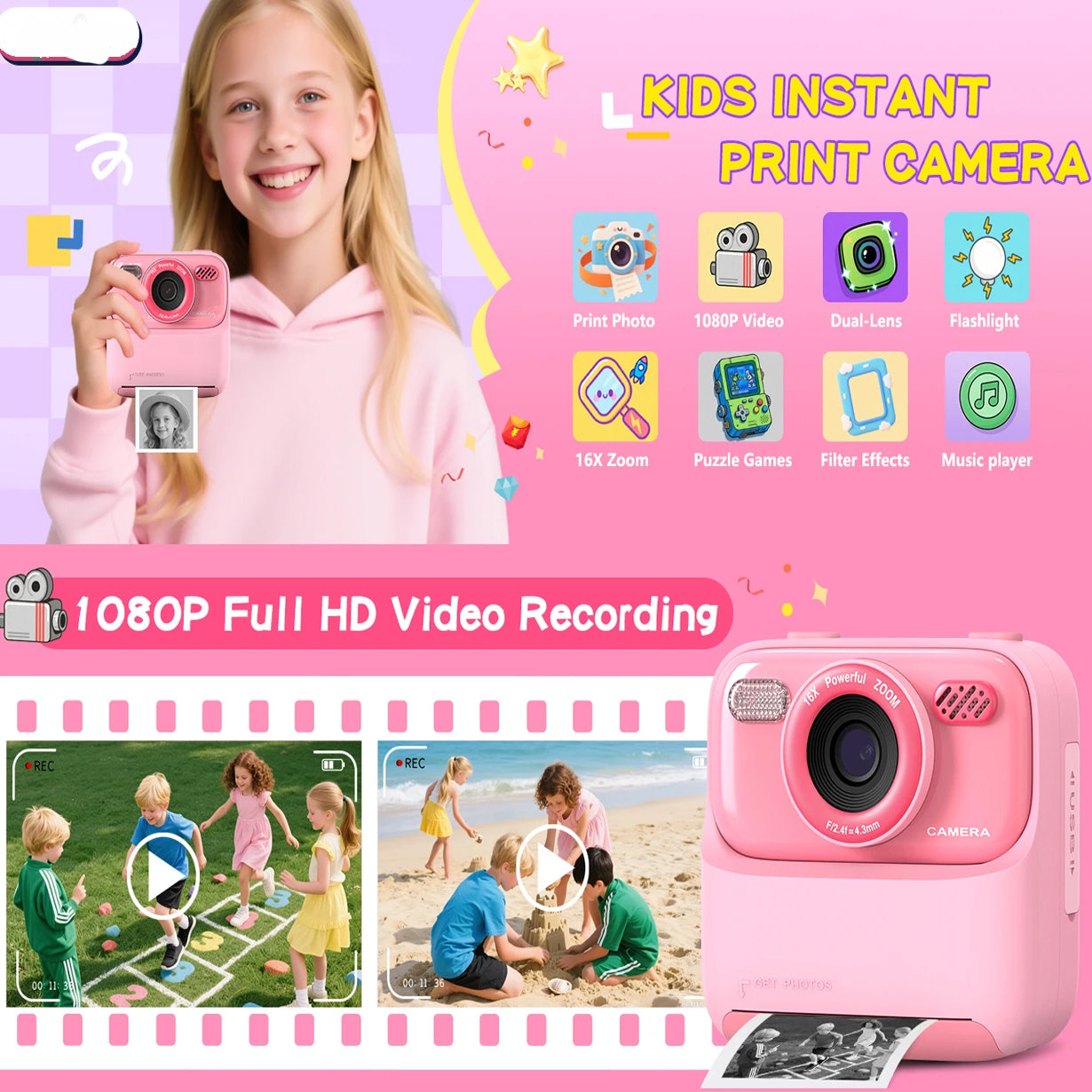 TinyFizo Kids Instant Print Camera Zero-Ink Thermal Dual Selfie Cam with 32GB Card