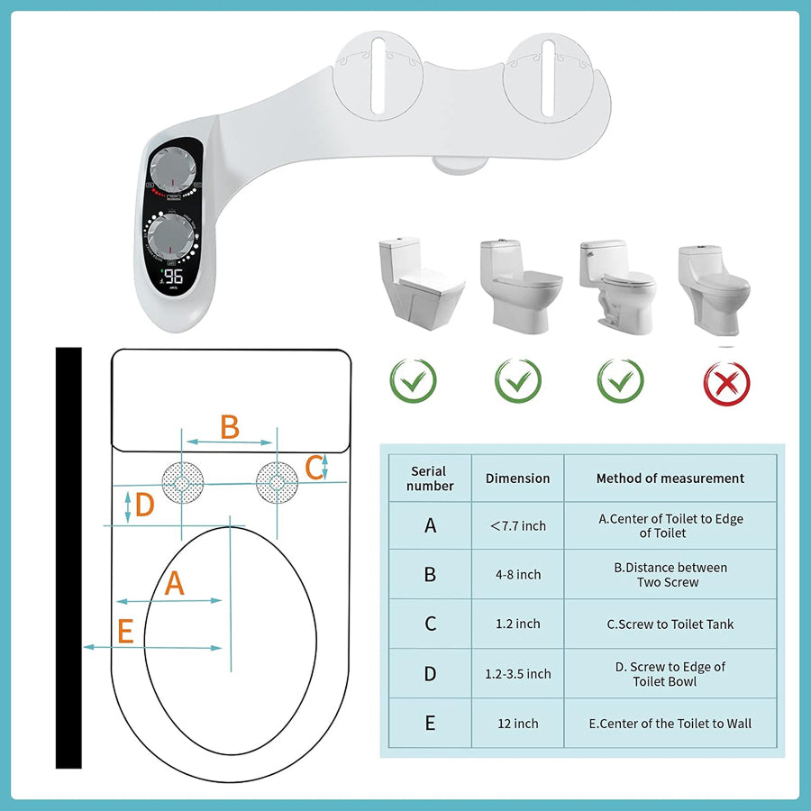 TivDetix Bidet Attachment for Toilet Dual Nozzle with Digital Temperature Display & 7.9ft Hot Water Hose