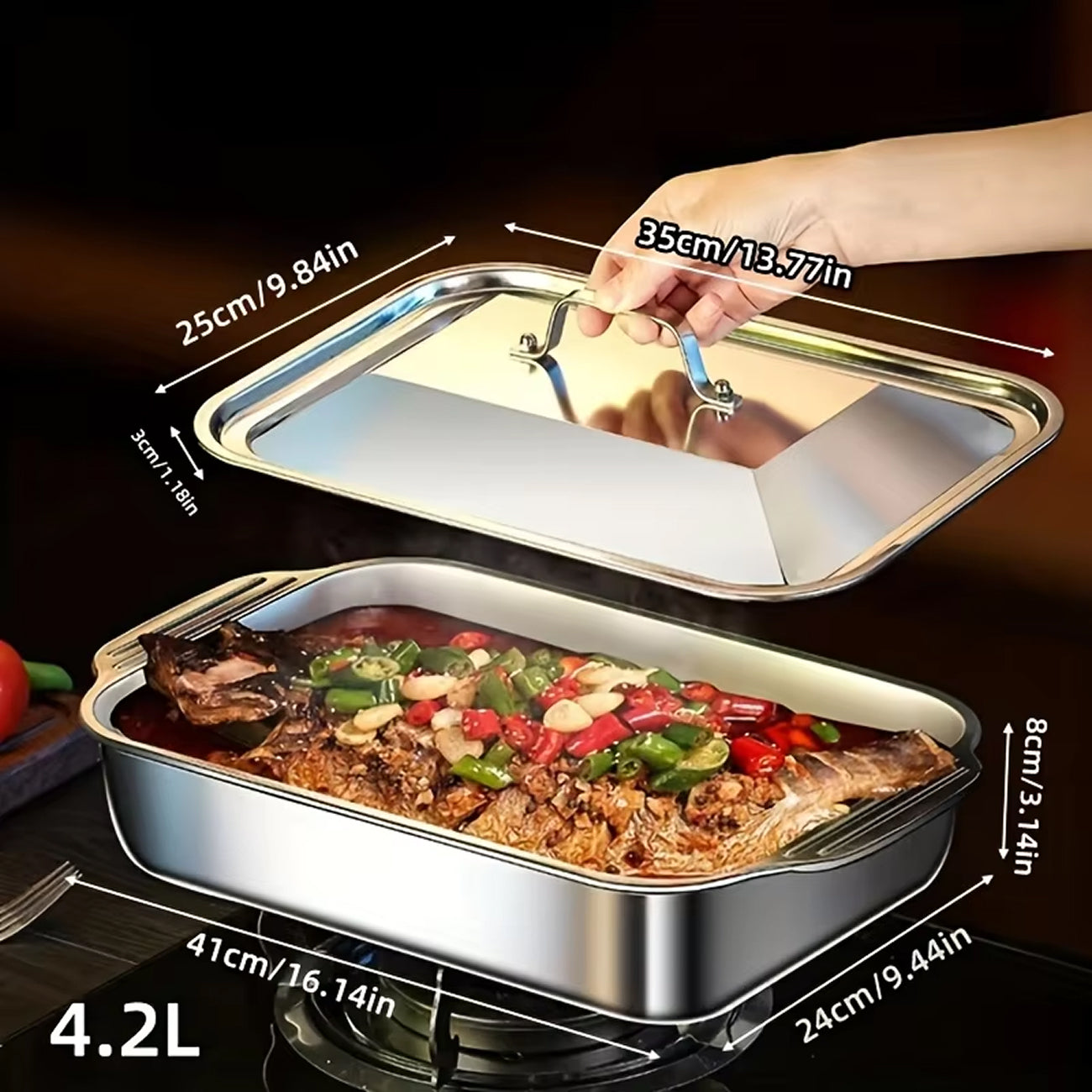 TivLaxi Stainless Steel Roasting Pan 4.2L Mirror-Finish Glass Lid for Oven-to-Table Cooking
