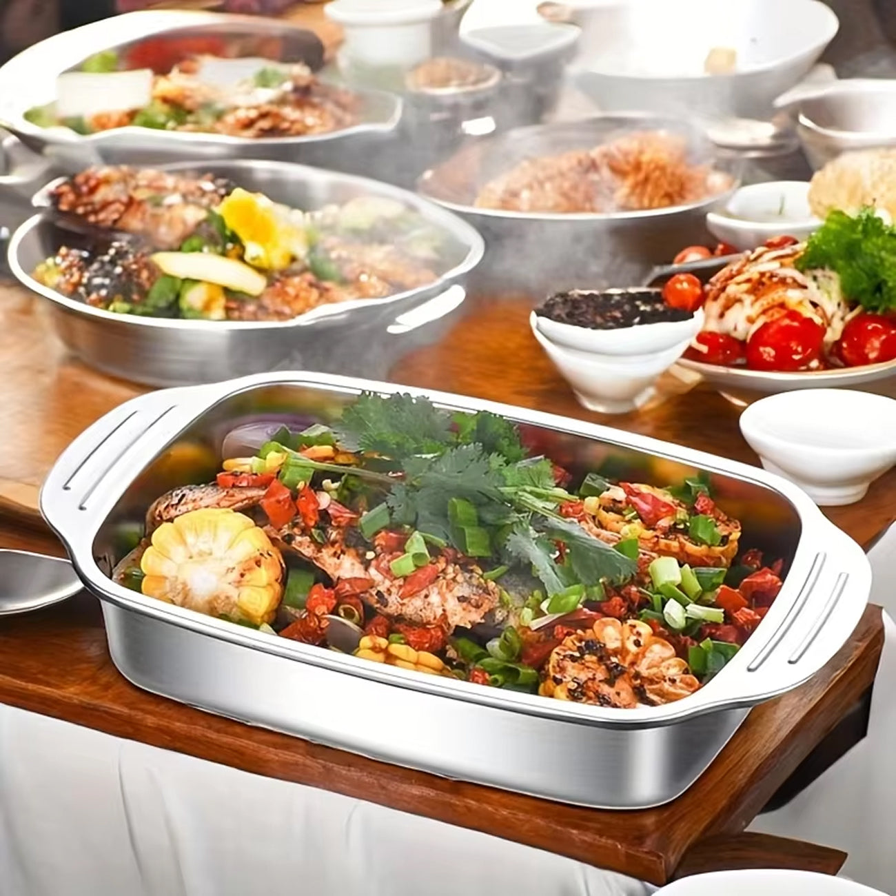 TivLaxi Stainless Steel Roasting Pan 4.2L Mirror-Finish Glass Lid for Oven-to-Table Cooking