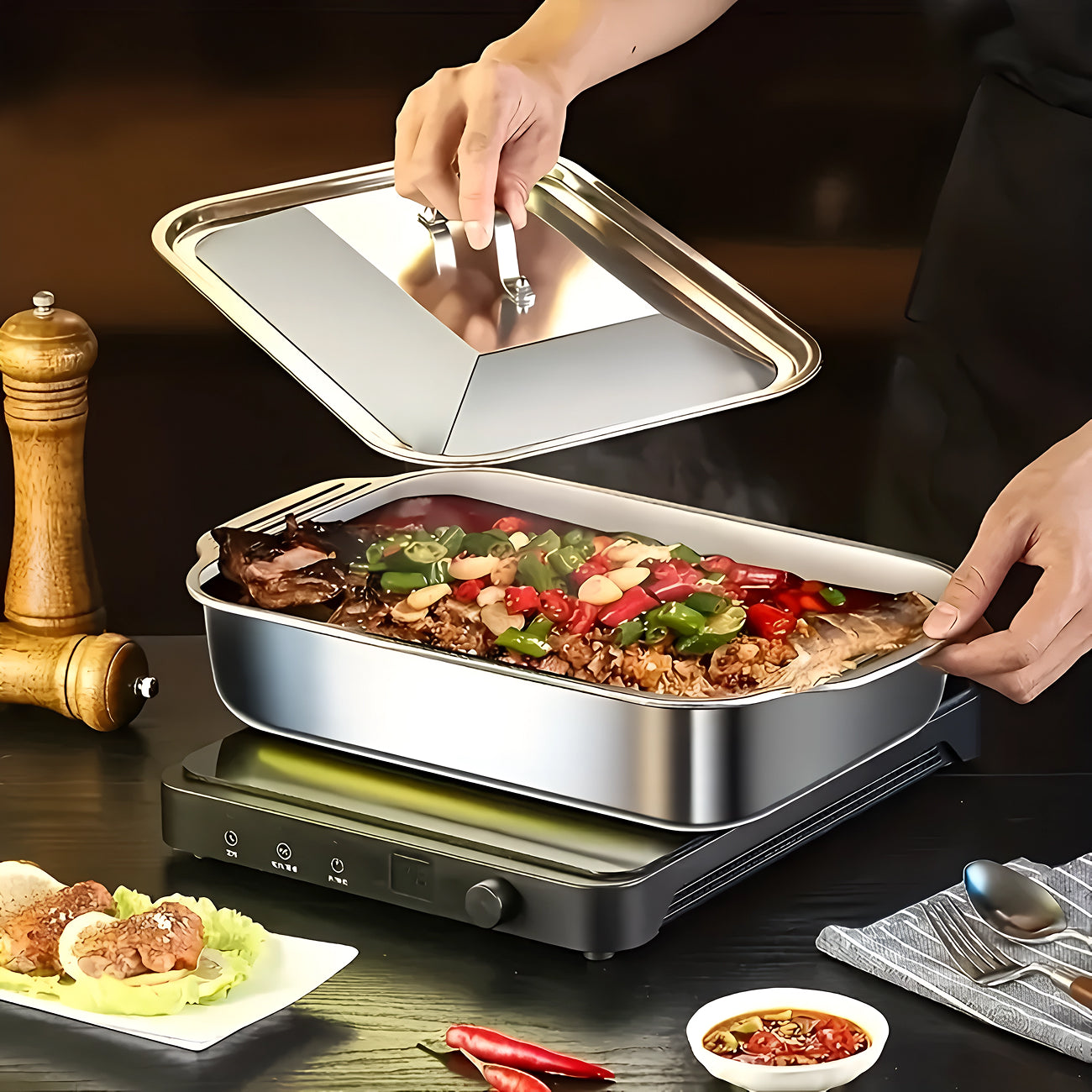 TivLaxi Stainless Steel Roasting Pan 4.2L Mirror-Finish Glass Lid for Oven-to-Table Cooking