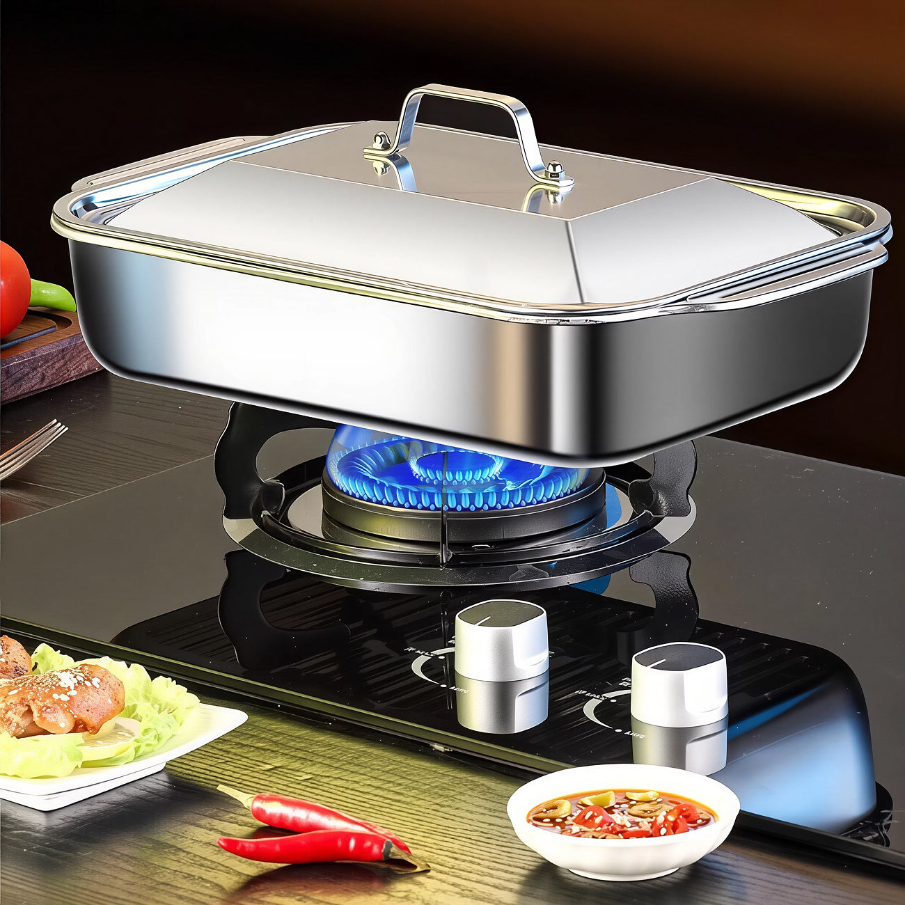 TivLaxi Stainless Steel Roasting Pan 4.2L Mirror-Finish Glass Lid for Oven-to-Table Cooking
