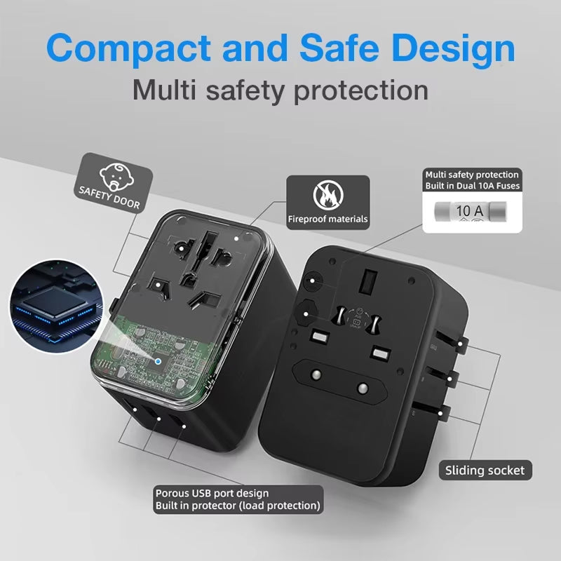 TourLiko Universal Travel Adapter - All-in-One Worldwide Plug for 200+ Countries, 4-Port Charger