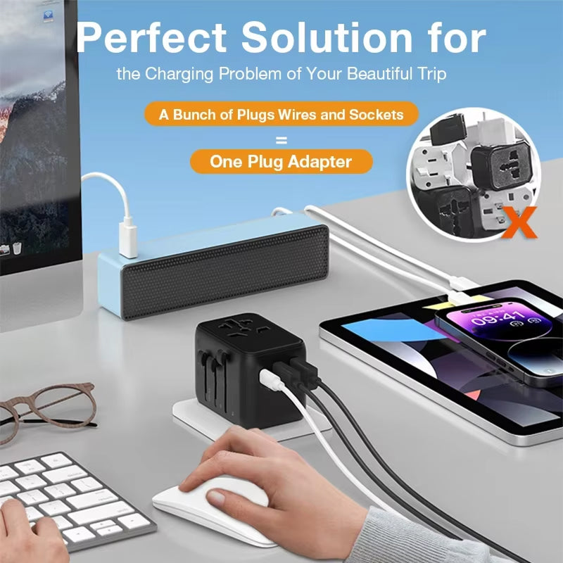 TourLiko Universal Travel Adapter - All-in-One Worldwide Plug for 200+ Countries, 4-Port Charger