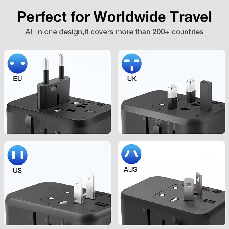 TourLiko Universal Travel Adapter - All-in-One Worldwide Plug for 200+ Countries, 4-Port Charger