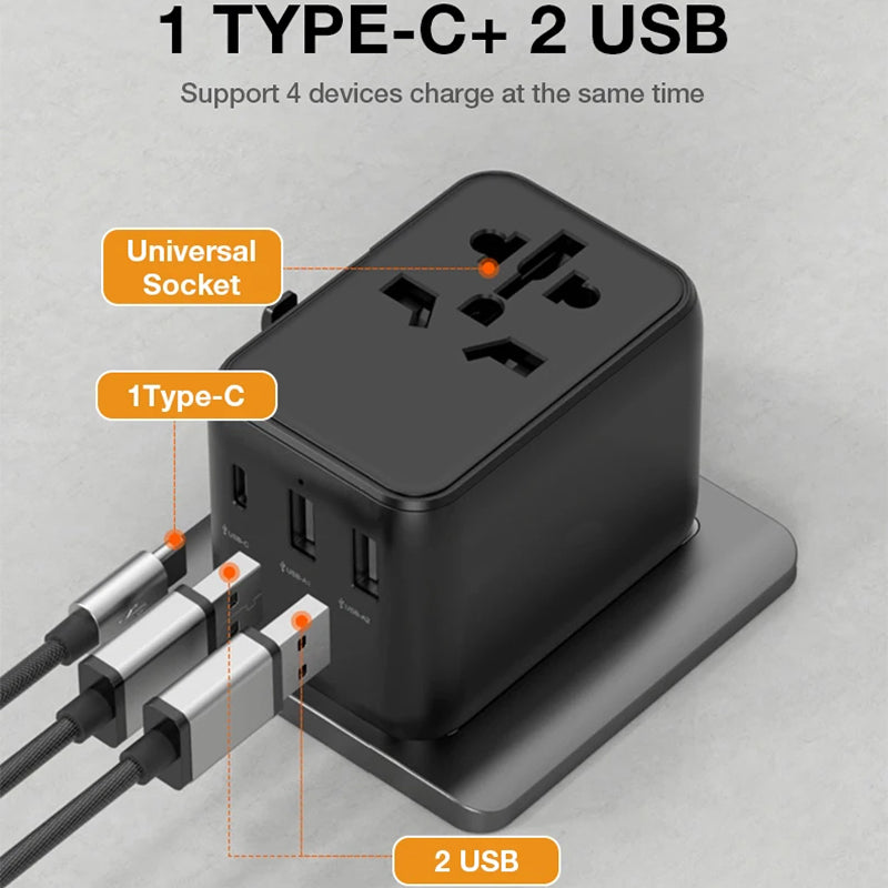 TourLiko Universal Travel Adapter - All-in-One Worldwide Plug for 200+ Countries, 4-Port Charger