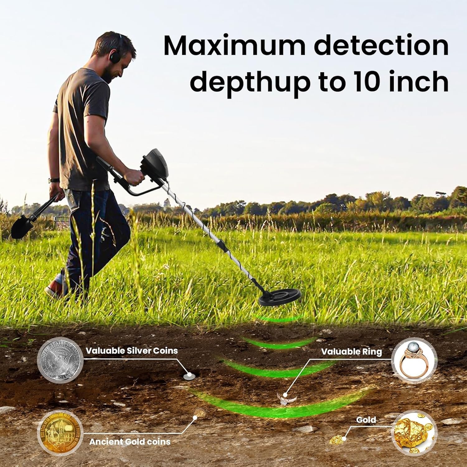 FrexSeek Metal Detector for Kids 10" Deep Detection IP68 Waterproof Gold Finder Kit