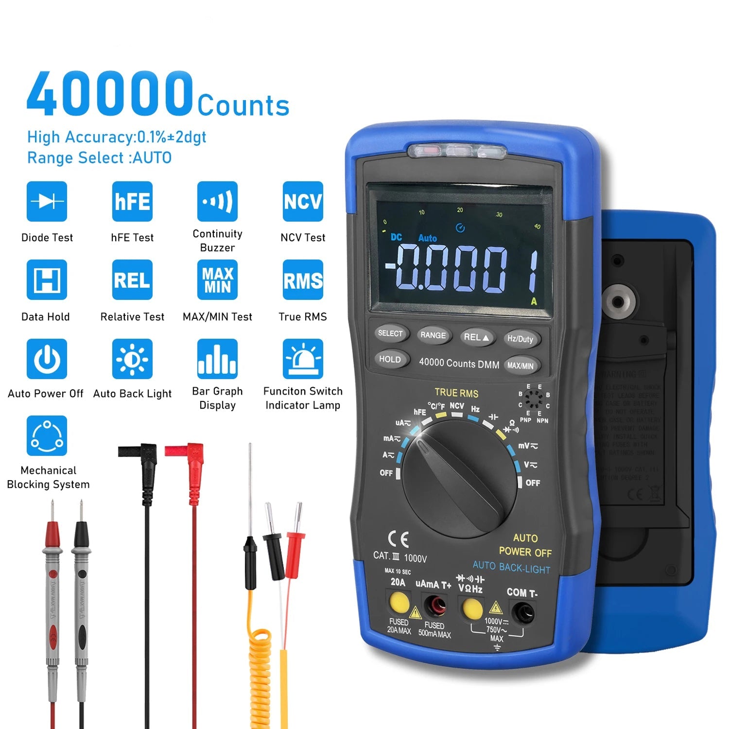 TrusMeaz Digital Multimeter 40,000 Counts True RMS NCV High-Precision Tester