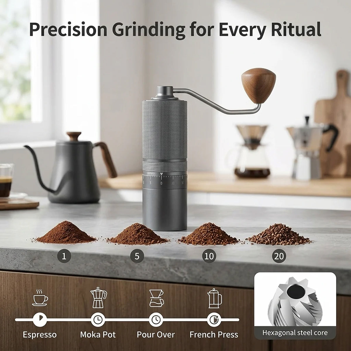 TurnCafi 7-Core Steel Manual Coffee Grinder for Espresso & Drip