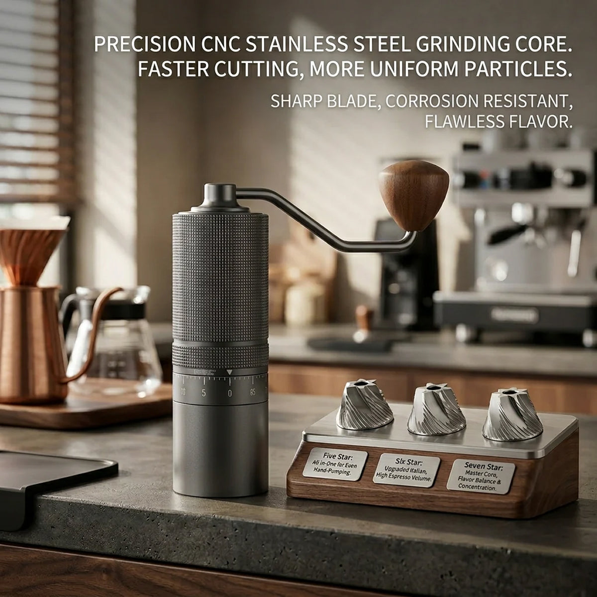 TurnCafi 7-Core Steel Manual Coffee Grinder for Espresso & Drip