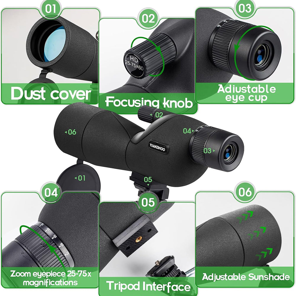 UnixClos Spotting Scope 25-75x60mm HD BAK4 Prism Waterproof with Phone Adapter
