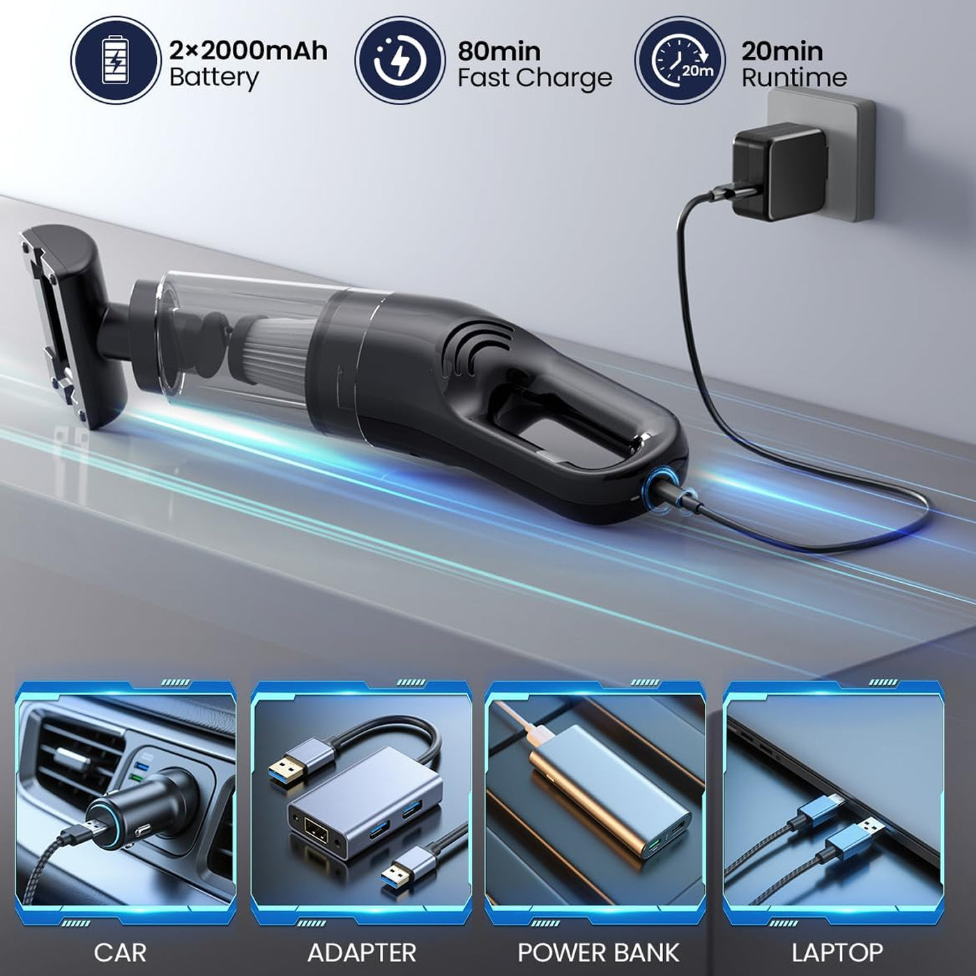 VamixLi 26,000Pa Portable Car Vacuum Cleaner with HEPA Filter