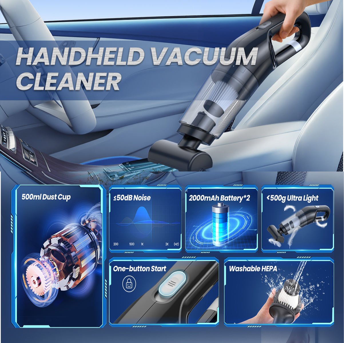 VamixLi 26,000Pa Portable Car Vacuum Cleaner with HEPA Filter