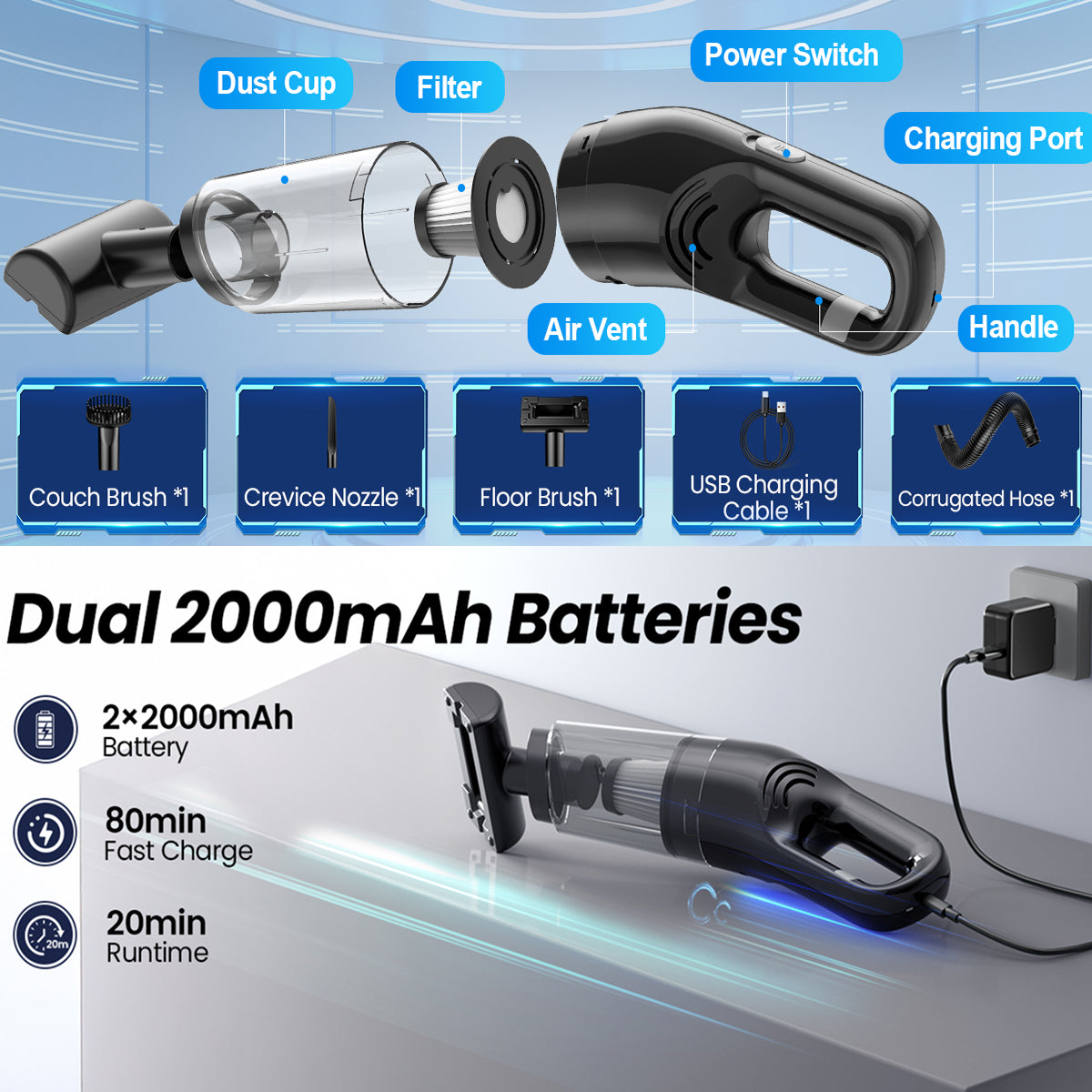 VamixLi 26,000Pa Portable Car Vacuum Cleaner with HEPA Filter