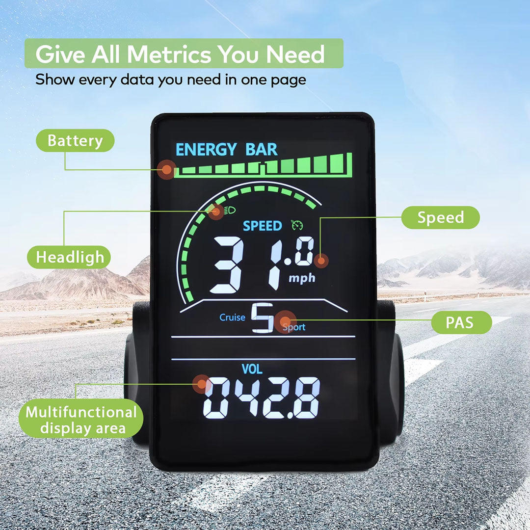 VeloALit Universal E-Bike Cycling Computer 24V-60V IPX6 Waterproof with UART 2 Protocol and USB Charging Port