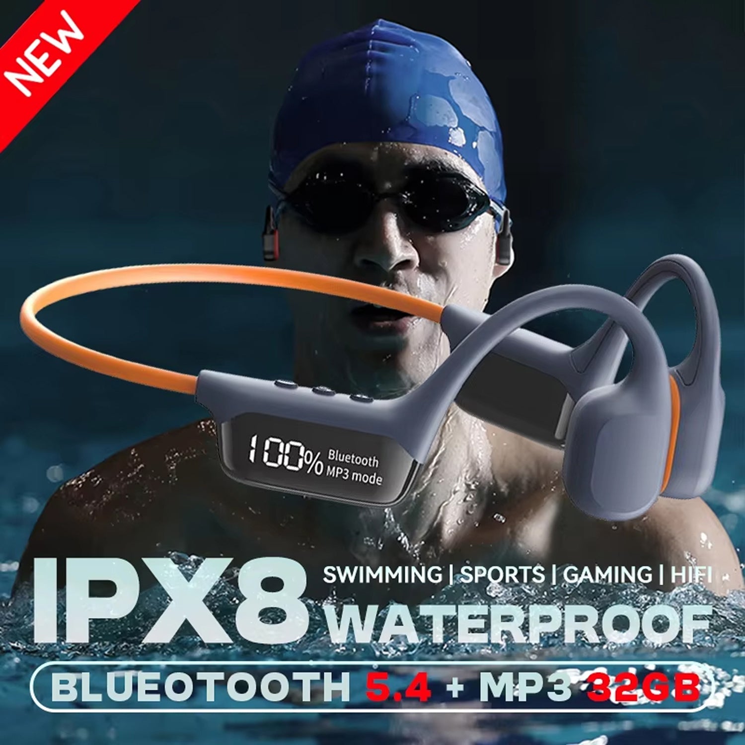 VibraFlowi IPX8 Waterproof Bone Conduction Headphones with 32GB MP3