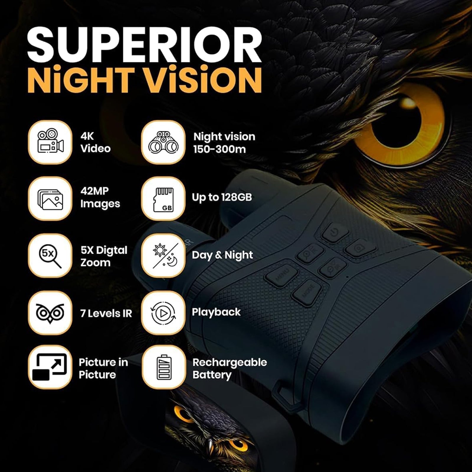 ViewCliq 4K Night Vision Goggles 42MP Digital Binoculars 5000mAh Rechargeable 3" HD Screen