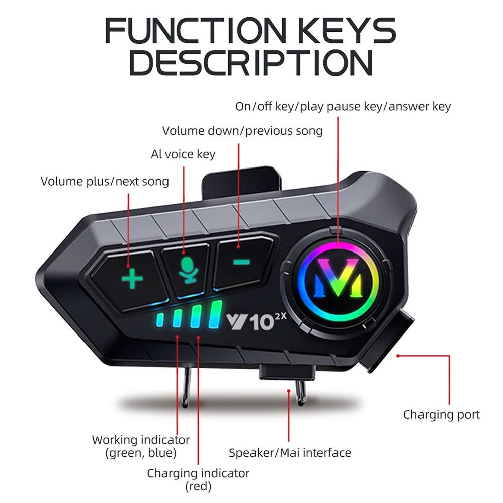 VoxiRide Motorcycle Bluetooth Intercom 500m Range IPX6 Waterproof with 48H Battery and AI Voice Control