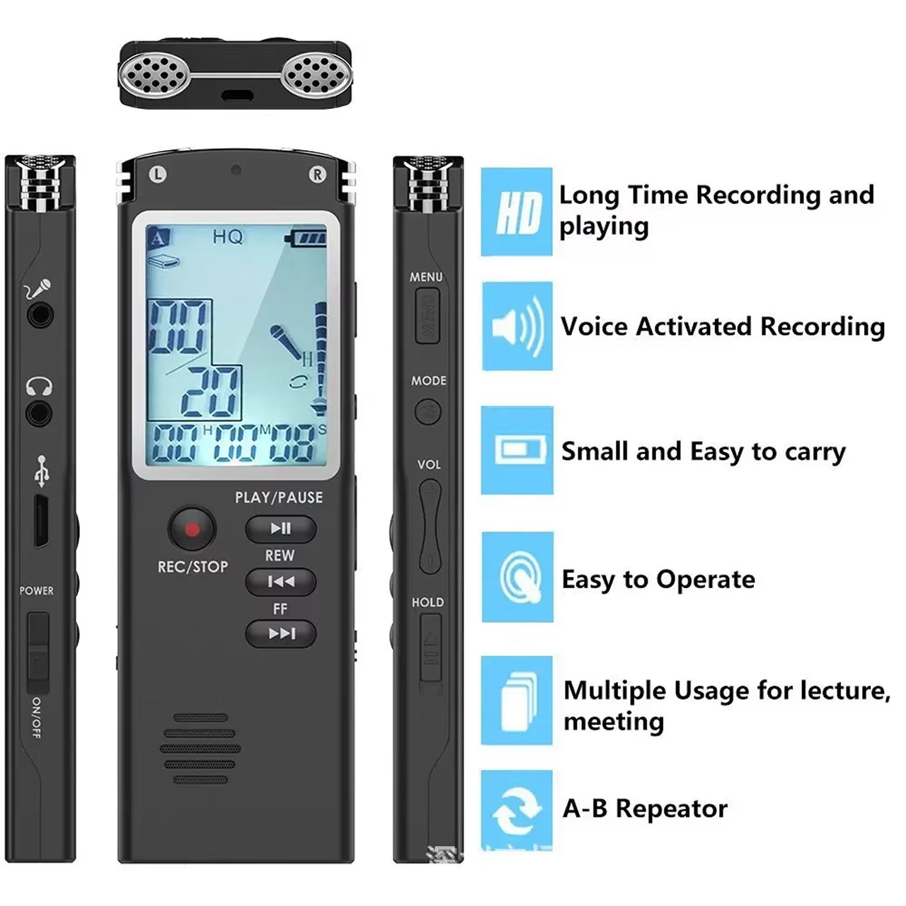 Voximex Digital Voice Recorder - 64GB Storage, 1536Kbps Studio Quality, Voice Activated