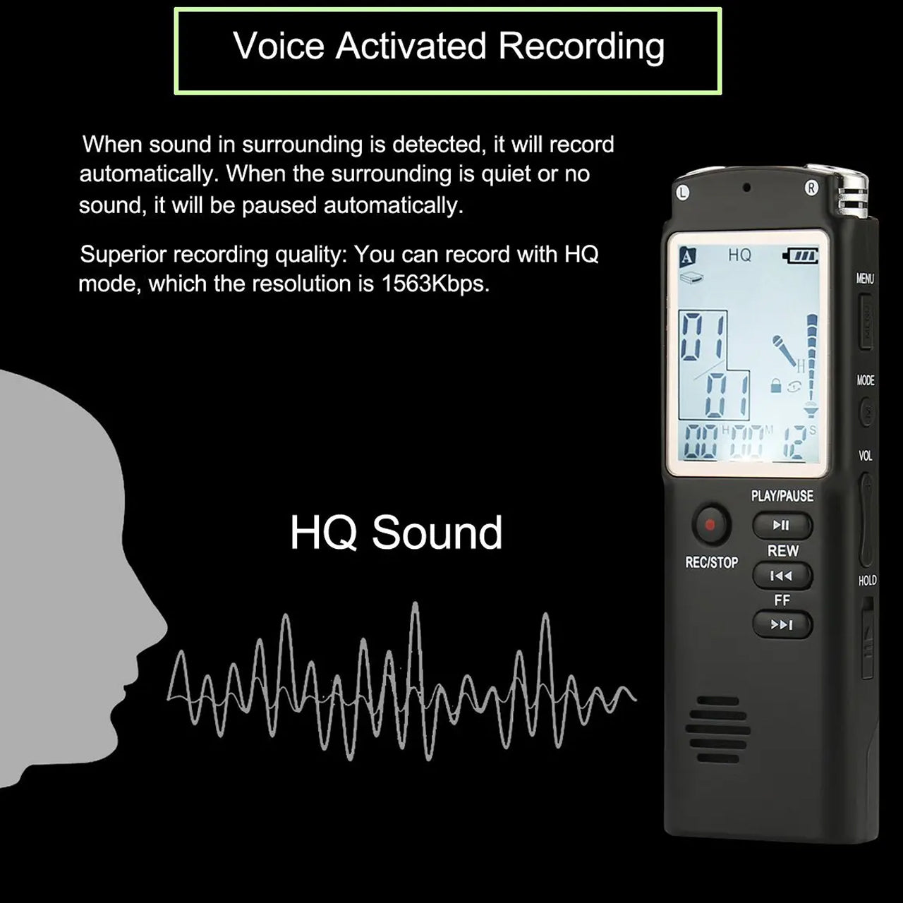 Voximex Digital Voice Recorder - 64GB Storage, 1536Kbps Studio Quality, Voice Activated