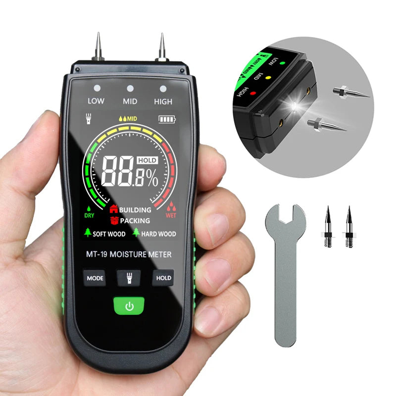 WomiTero Wood Moisture Meter ±0.5% High Precision 4 Material Modes with Backlit LCD and Color-Coded Alerts