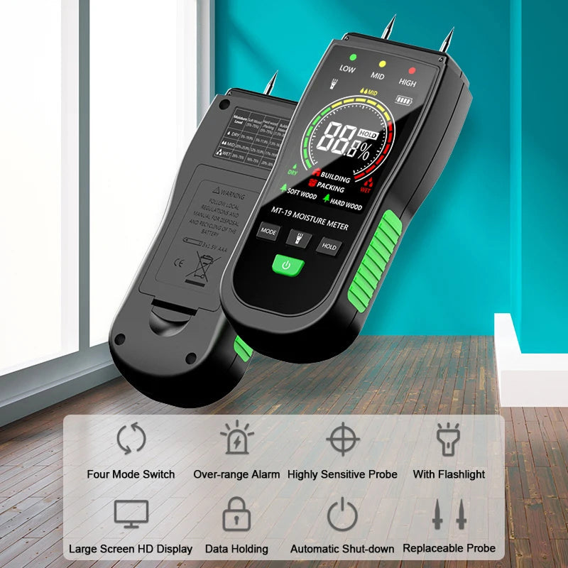 WomiTero Wood Moisture Meter ±0.5% High Precision 4 Material Modes with Backlit LCD and Color-Coded Alerts