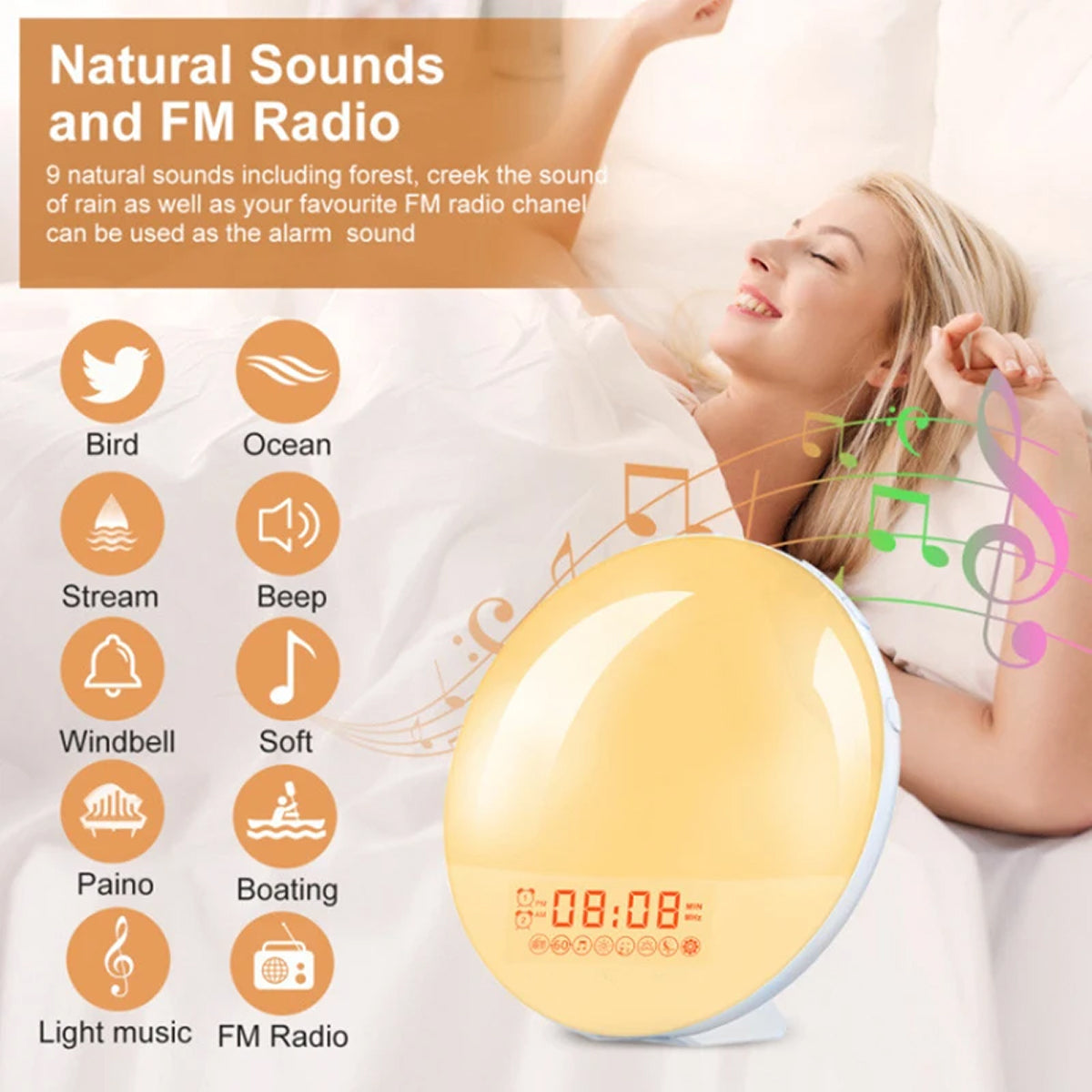 ZieMorni Sunrise Alarm Clock with Sunset Sleep Mode and Natural Sounds